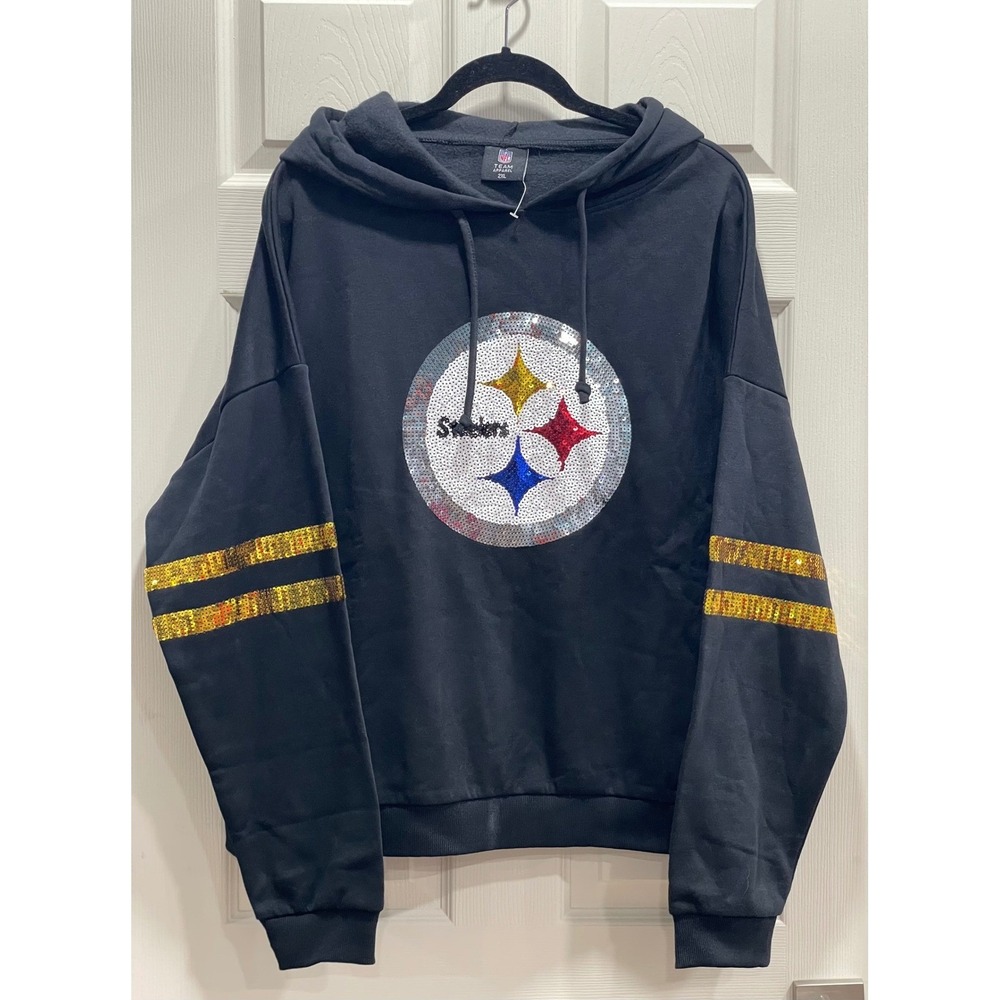 NWT NFL Pittsburgh Steelers Cuce Women Cropped Sequins Pullover Hoodie